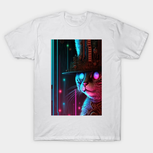 Cool Cyberpunk Steampunk Cat Detective T-Shirt by Obotan Mmienu